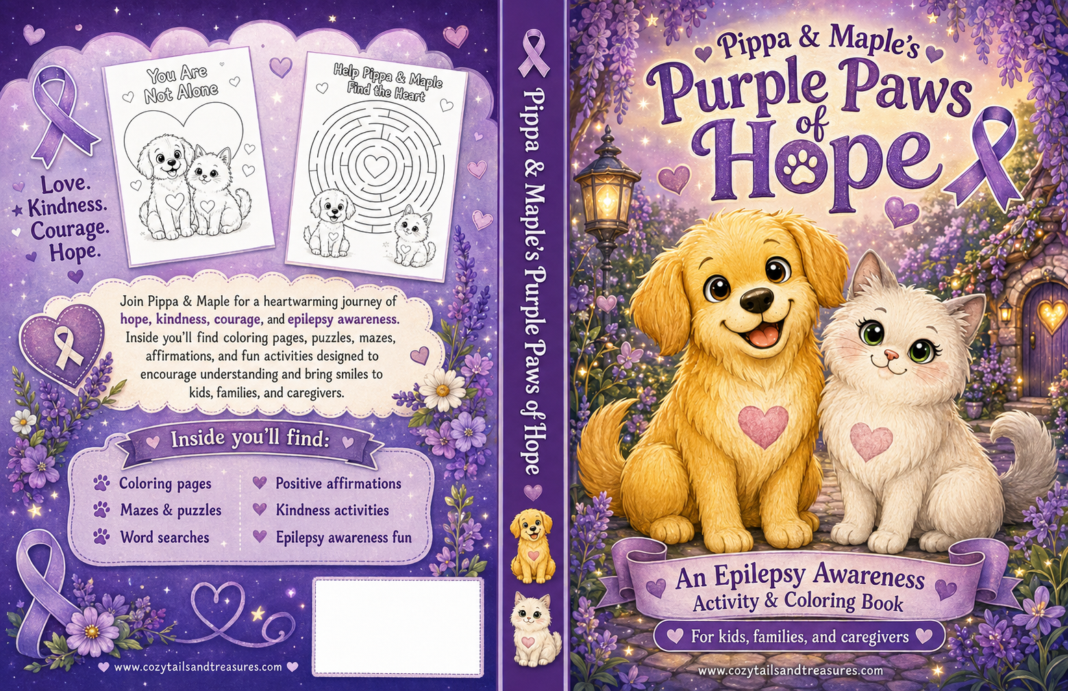 Full book cover for Pippa and Maple’s Purple Paws of Hope, an epilepsy awareness activity and coloring book, featuring a golden puppy and a kitten surrounded by purple flowers.