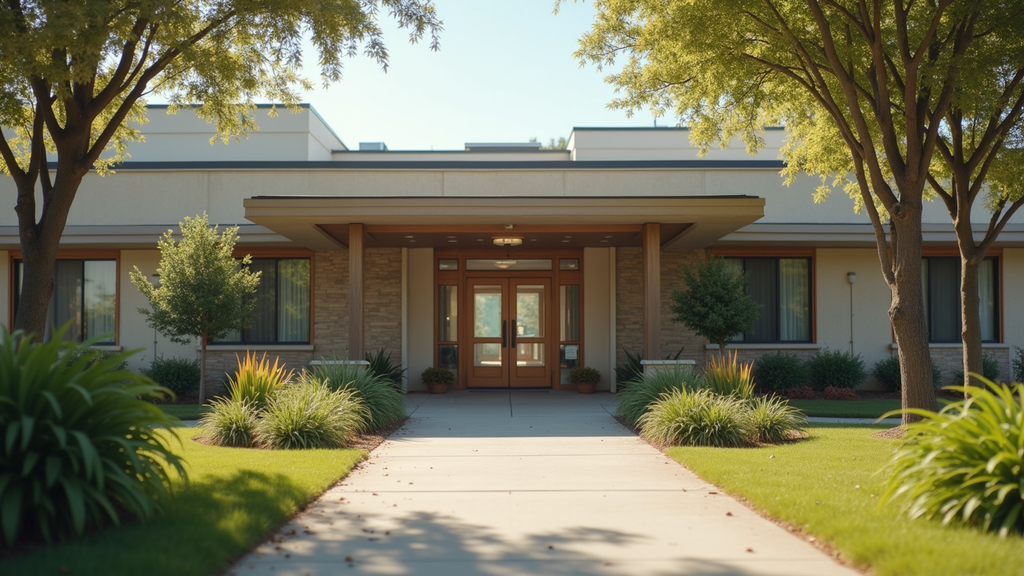 Eye-level view of a community health clinic with a welcoming entrance