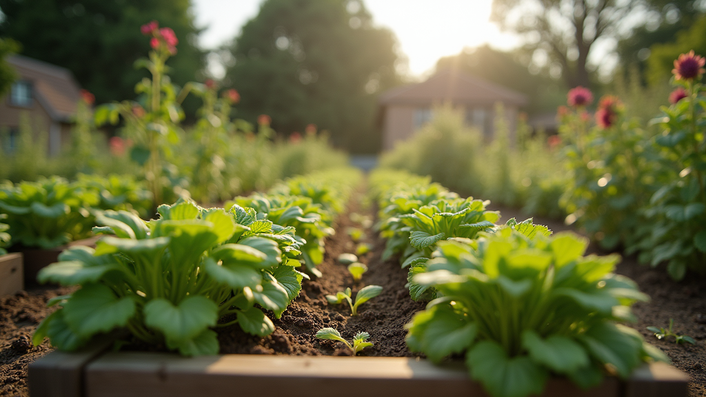 Eye-level view of a community garden with diverse plants