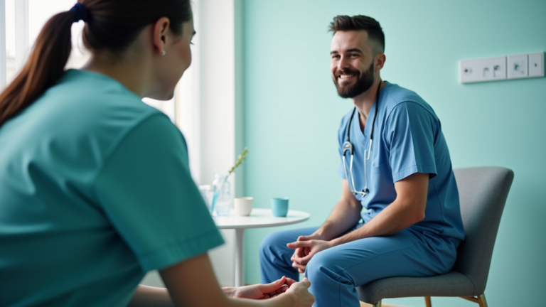 Eye-level view of a healthcare professional and patient in a consultation room