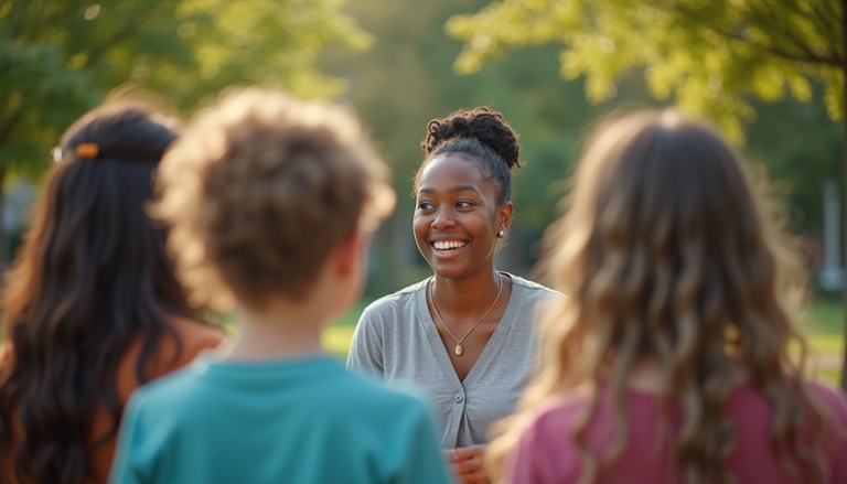 Eye-level view of a community health worker speaking with a small group in a neighborhood park