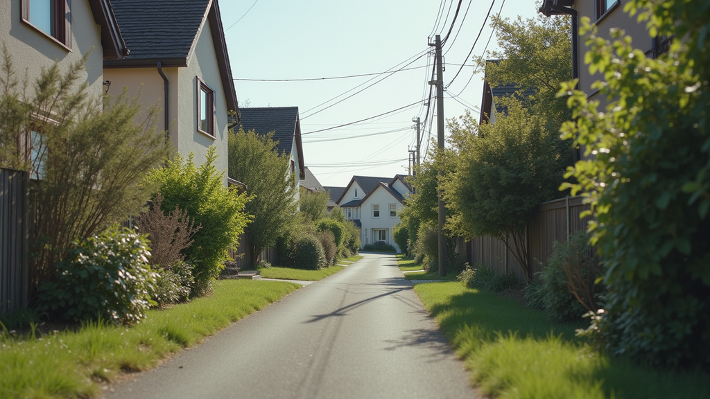 Eye-level view of a neighborhood with mixed housing and limited green spaces