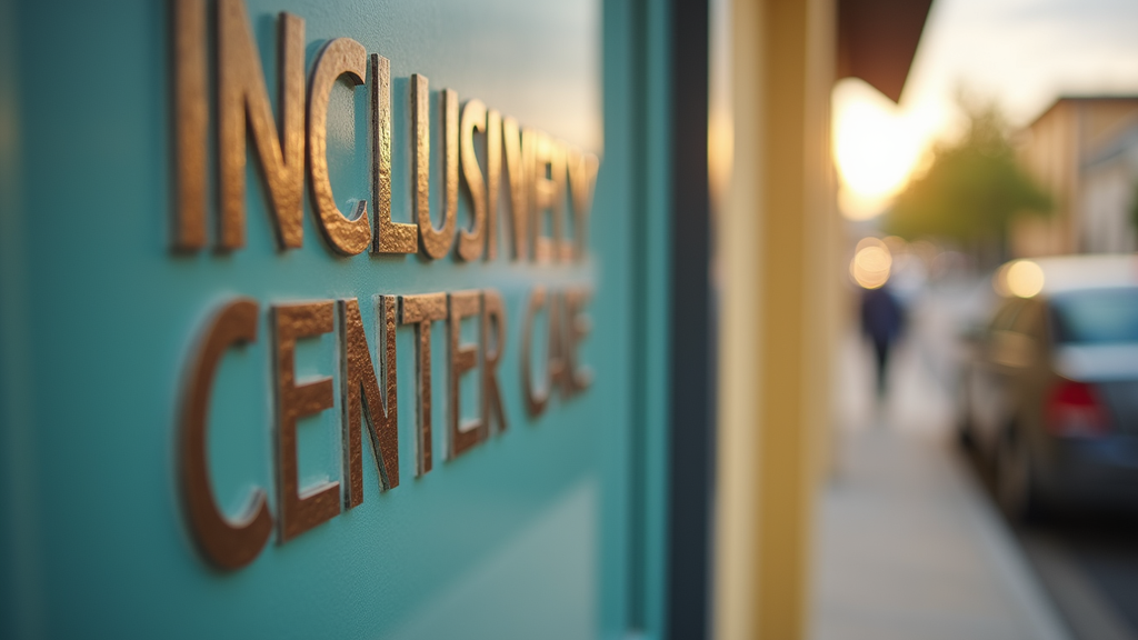 Close-up view of a community health center sign promoting inclusive care