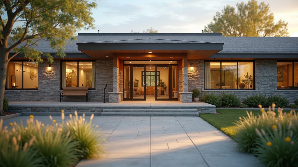 Close-up view of a community center building with a welcoming entrance