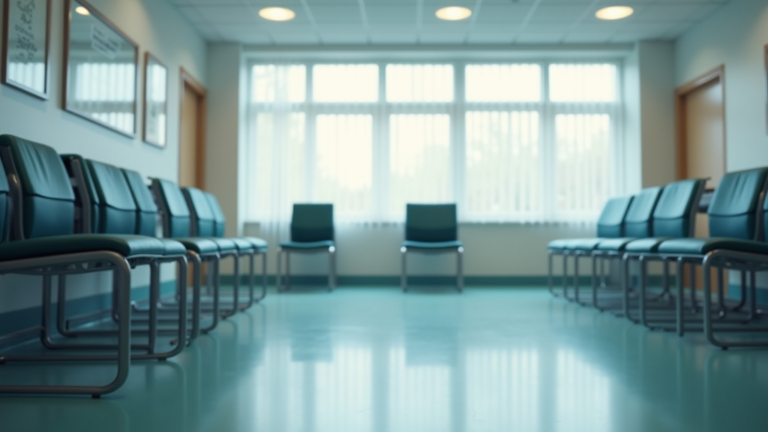 Eye-level view of a healthcare clinic waiting room with empty chairs