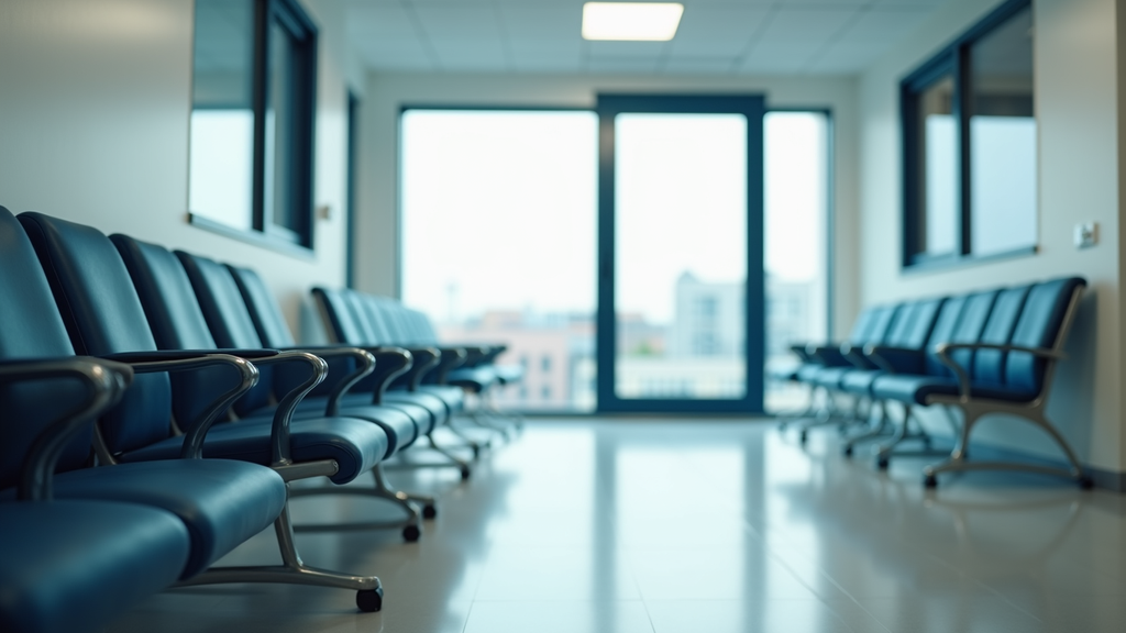 Eye-level view of a healthcare clinic waiting room with empty chairs