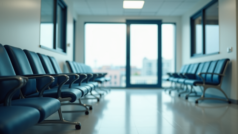 Eye-level view of a healthcare clinic waiting room with empty chairs