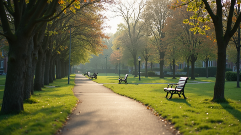 Eye-level view of a neighborhood park with walking paths and benches