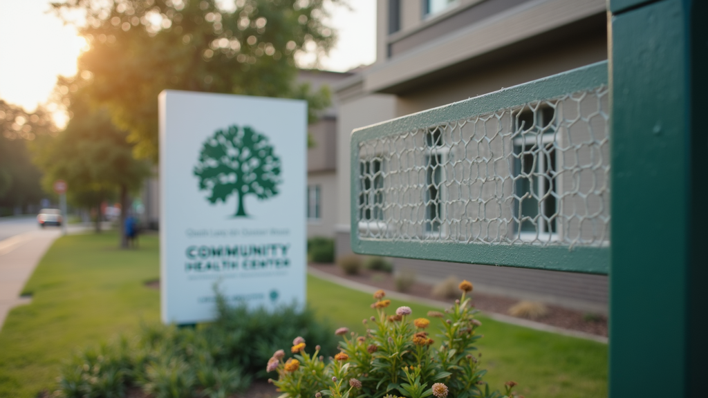 Close-up view of a community health center sign outside a building