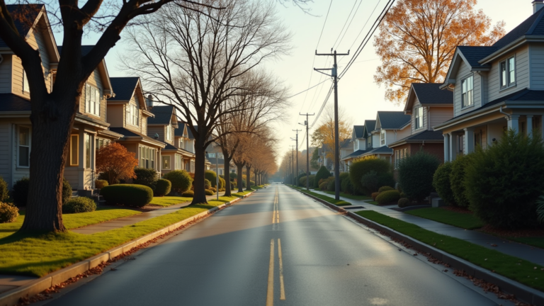 Eye-level view of a neighborhood street with houses and trees