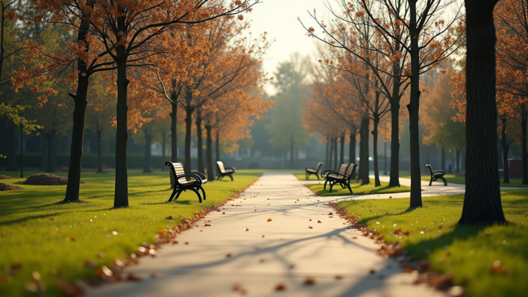 Eye-level view of a community park with walking paths and benches