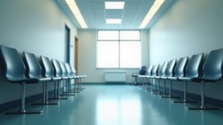 Eye-level view of a healthcare clinic waiting room with empty chairs