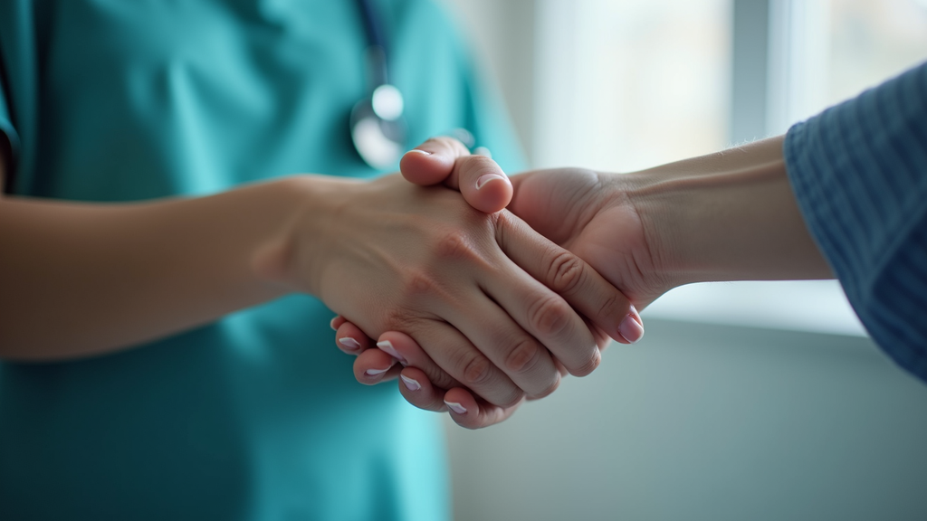 Close-up view of a healthcare professional’s hand holding a patient’s hand