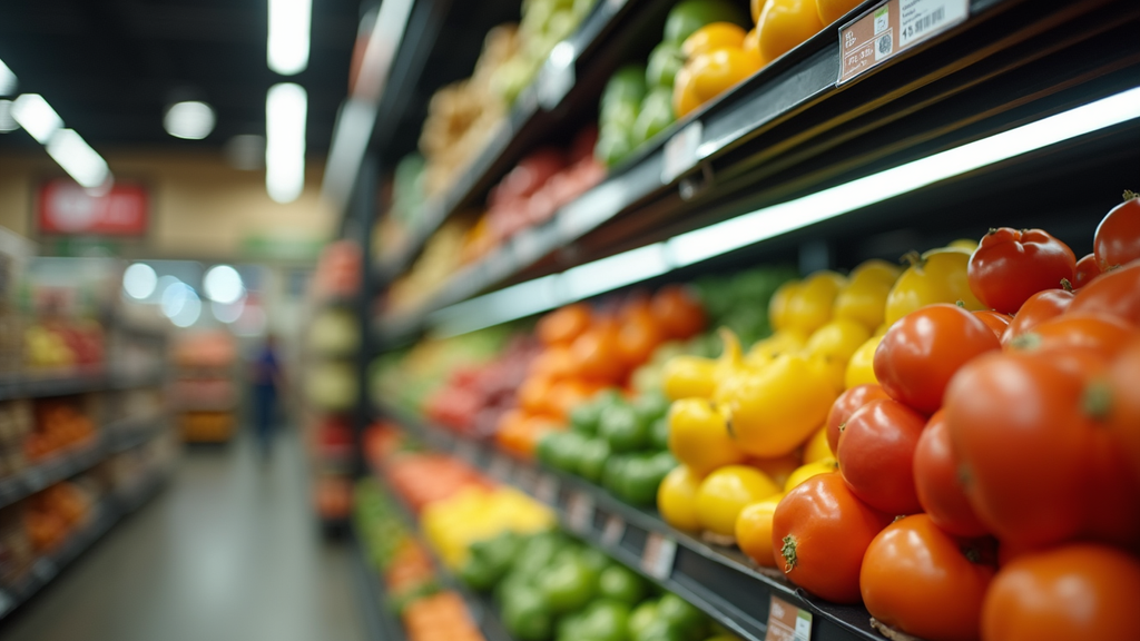 Close-up view of a grocery store aisle with fresh fruits and vegetables